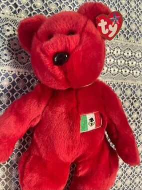 Ty Bright Red Bear Plush with Mexican Flag Patch